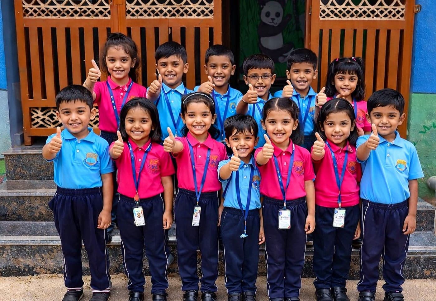 Naaz pre-school children in blue and pink uniforms standing together outside their classroom