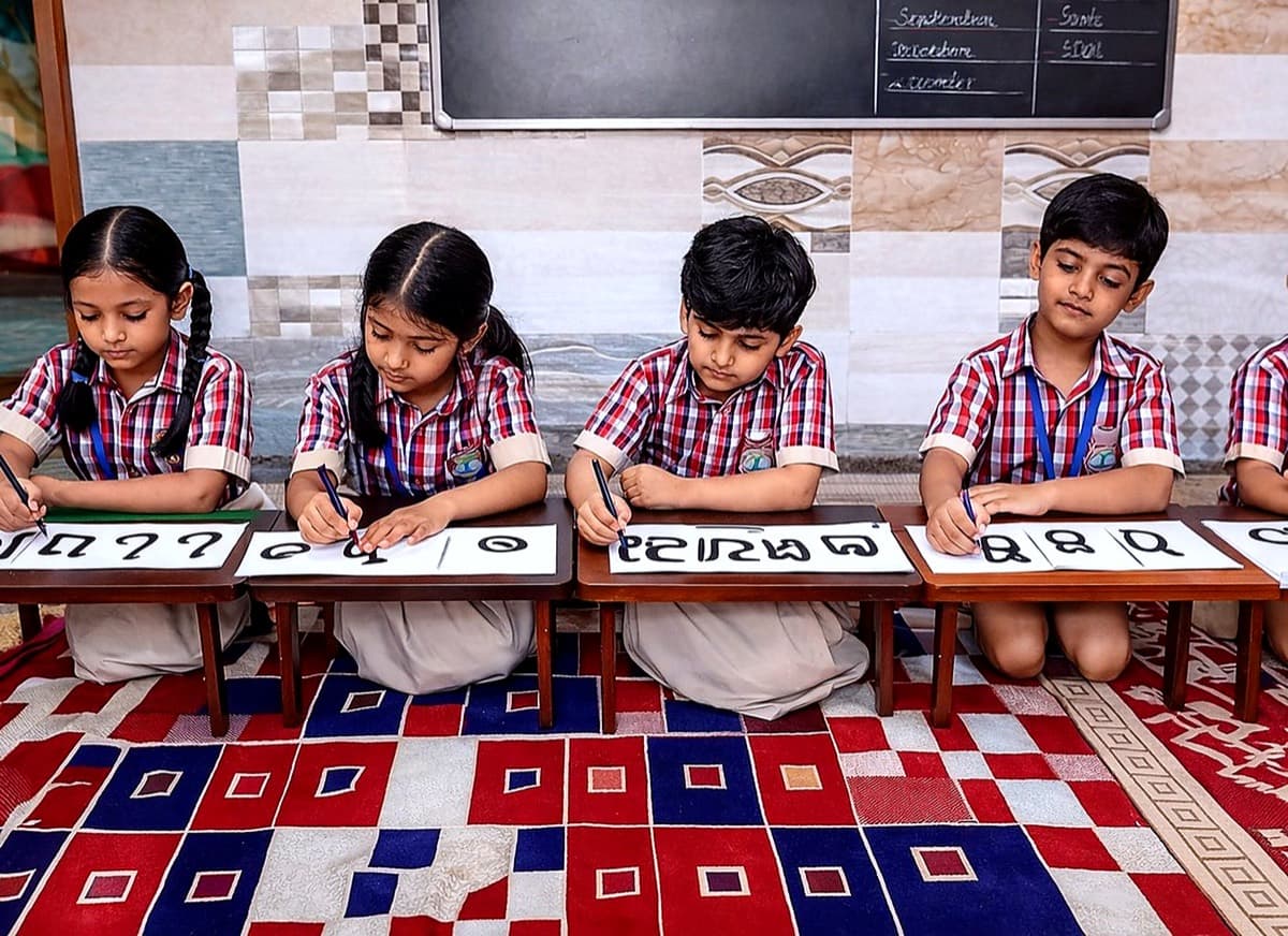 Young Naaz students practising Kannada script at low desks in a classroom